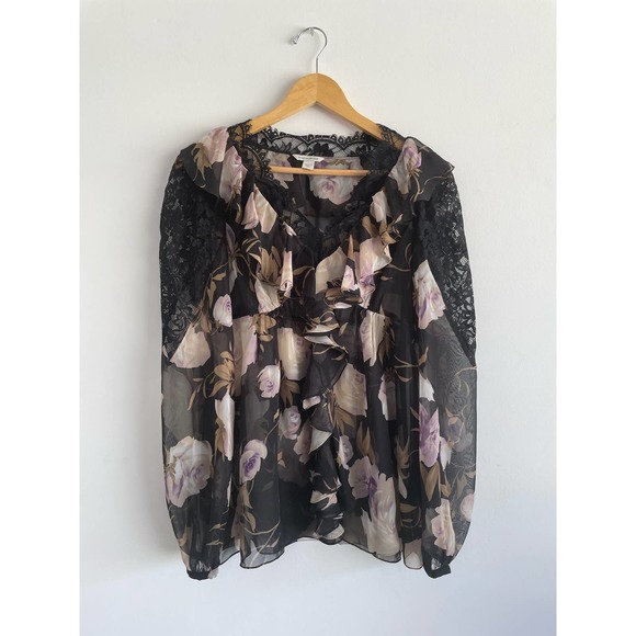 Boston Proper Lace inset Sheer chiffon Blouse | size 6 - Picture 1 of 9
